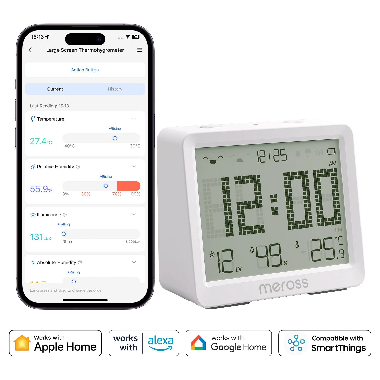 Meross Matter Temperature Humidity Sensor MS130 Hygrometer Thermometer Smart Home Backlight Smart Life Support Alexa