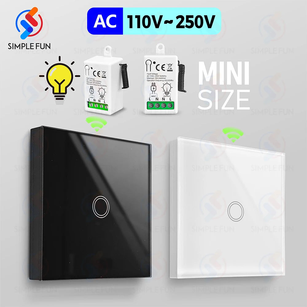 433Mhz 86-Type Wireless Touch Panel Remote Control Light Switch 110V~250V 10A Mini RF Relay Interruptor for Lamp/Home Appliance