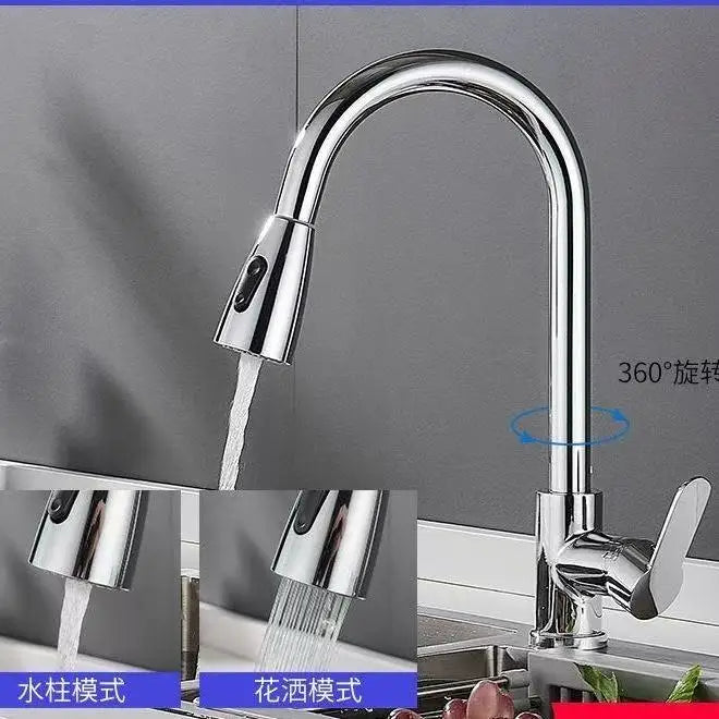 Silver Pull Out Kitchen Sink Faucet Thickened BrassThree Model Stream Sprayer Nozzle Stainless Steel Hot Cold Wate Mixer Tap