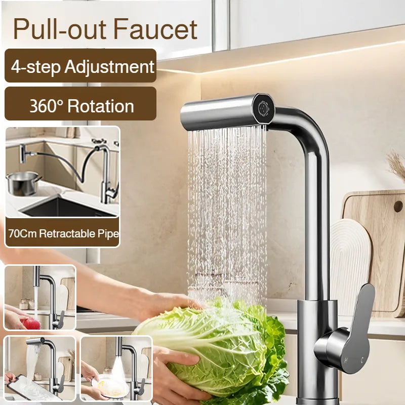 Kitchen Pull-out Faucet Four-setting Hot and Cold Sink Faucet Telescopic Waterfall Faucet Splash-proof for Various Countertops