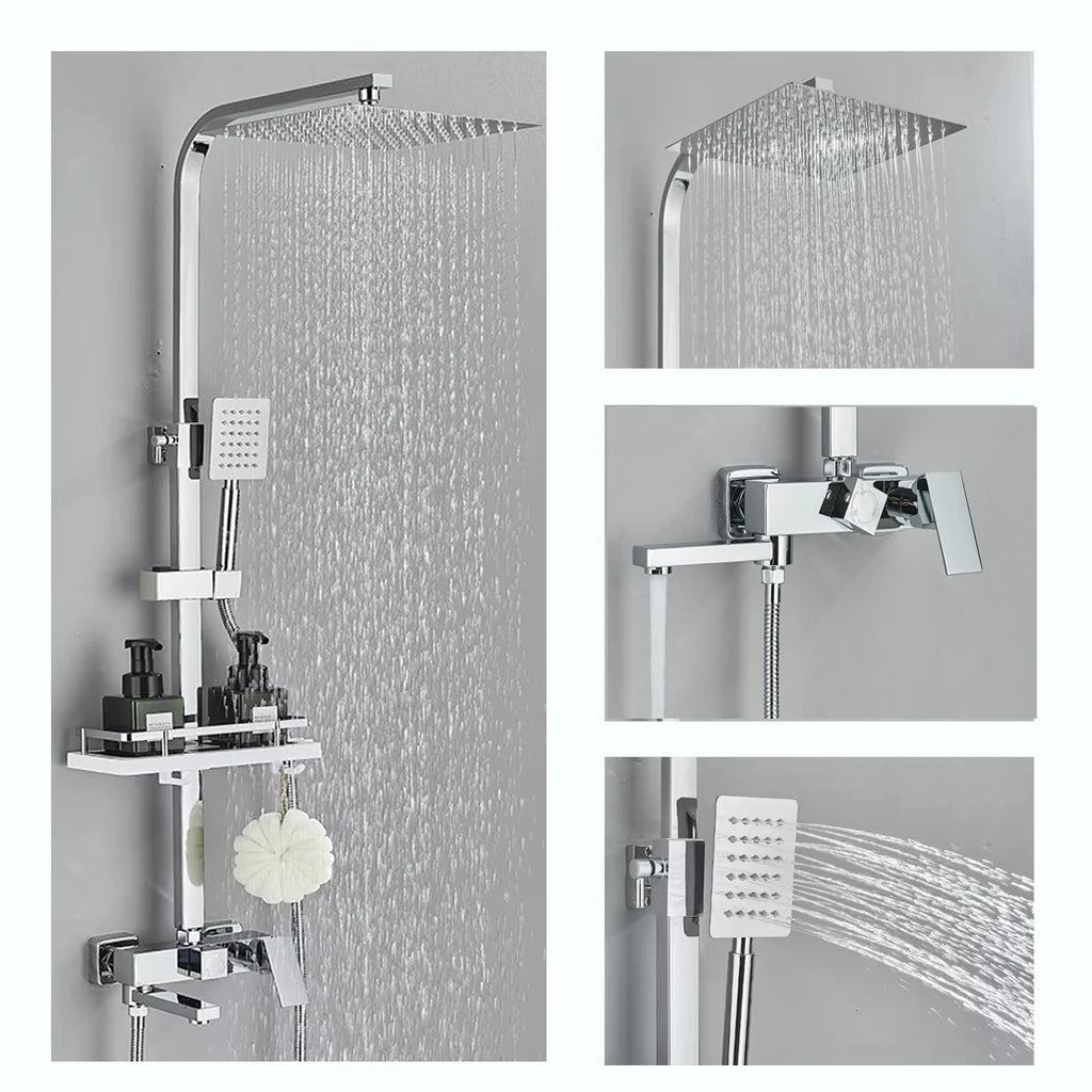 Black/Chrome Brass Shower Faucet Set Rainfall Bathtub Tap With Bathroom Shelf 3 Functions Height Adjust Shower Mixer Crane Fast