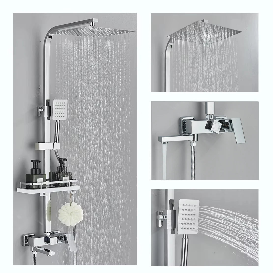 Black/Chrome Brass Shower Faucet Set Rainfall Bathtub Tap With Bathroom Shelf 3 Functions Height Adjust Shower Mixer Crane Fast