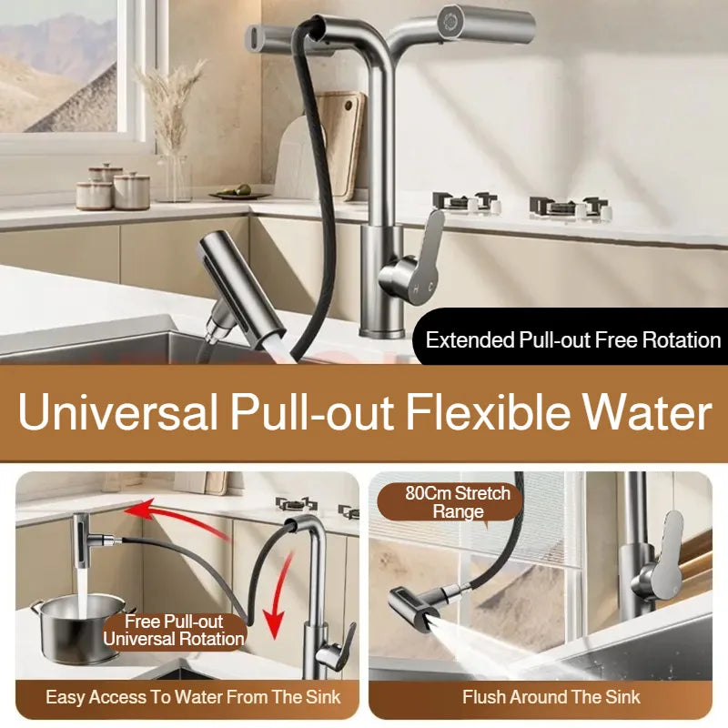 Kitchen Pull-out Faucet Four-setting Hot and Cold Sink Faucet Telescopic Waterfall Faucet Splash-proof for Various Countertops