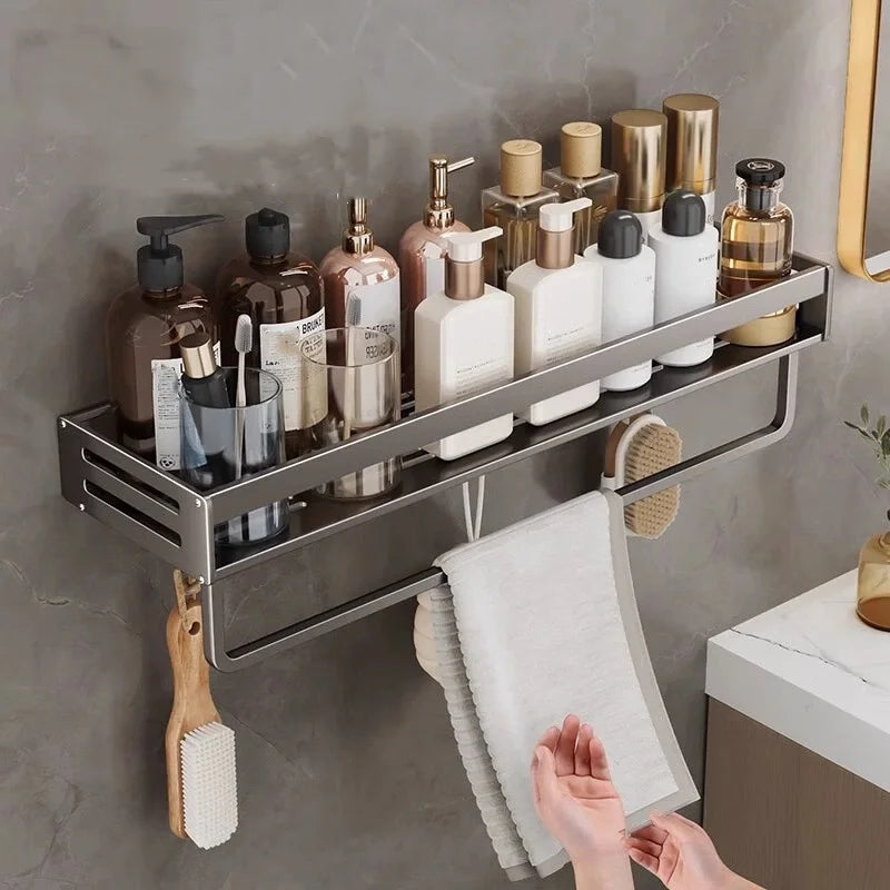 Shower Corner Shelf Without Drilling Aluminum Bathroom Shelf With Towel Bar Shampoo Holder Toilet Rack Bathroom Accessories